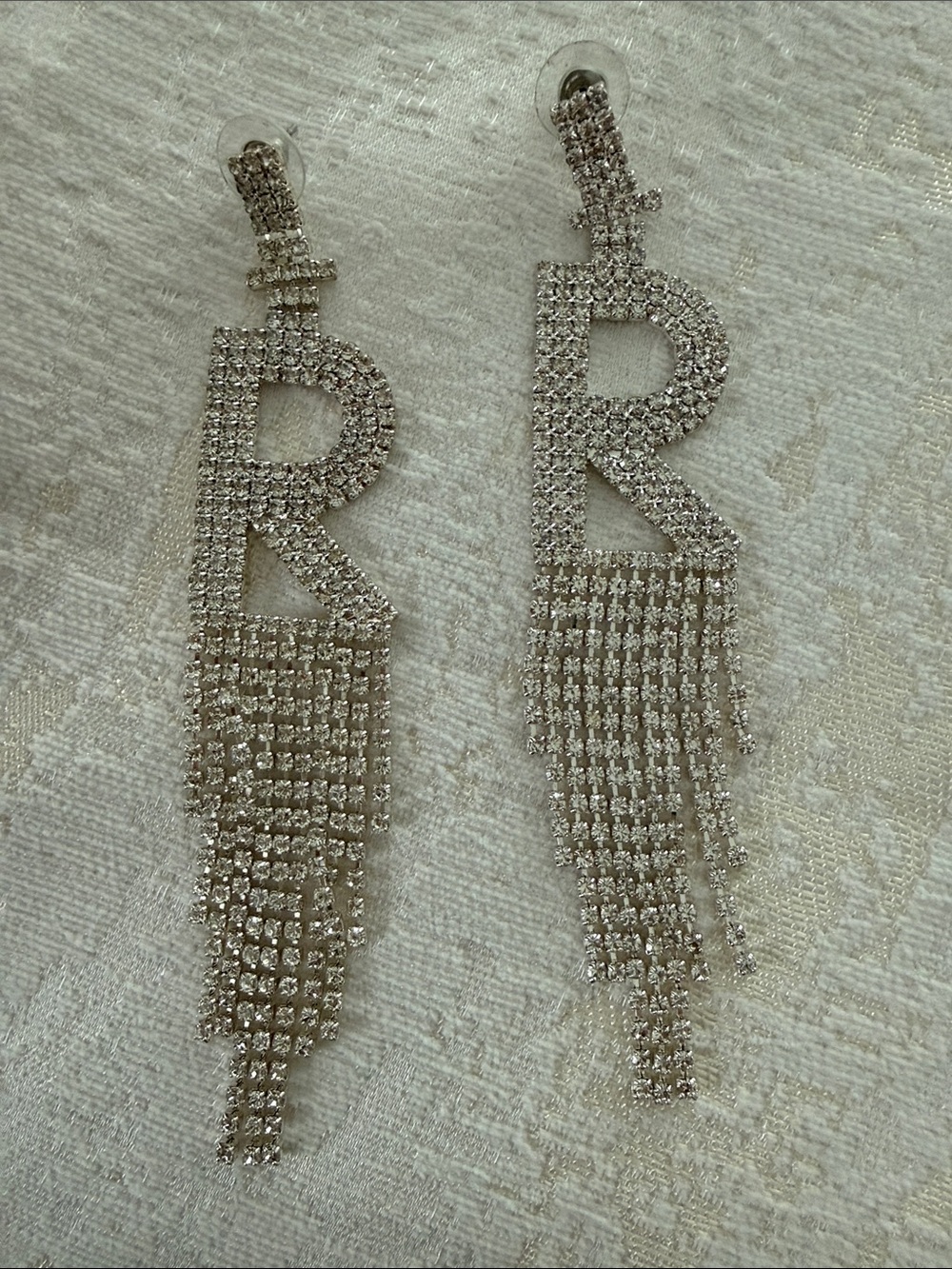 Rhinestone Fringe Dangle Earrings Letter R - Silver